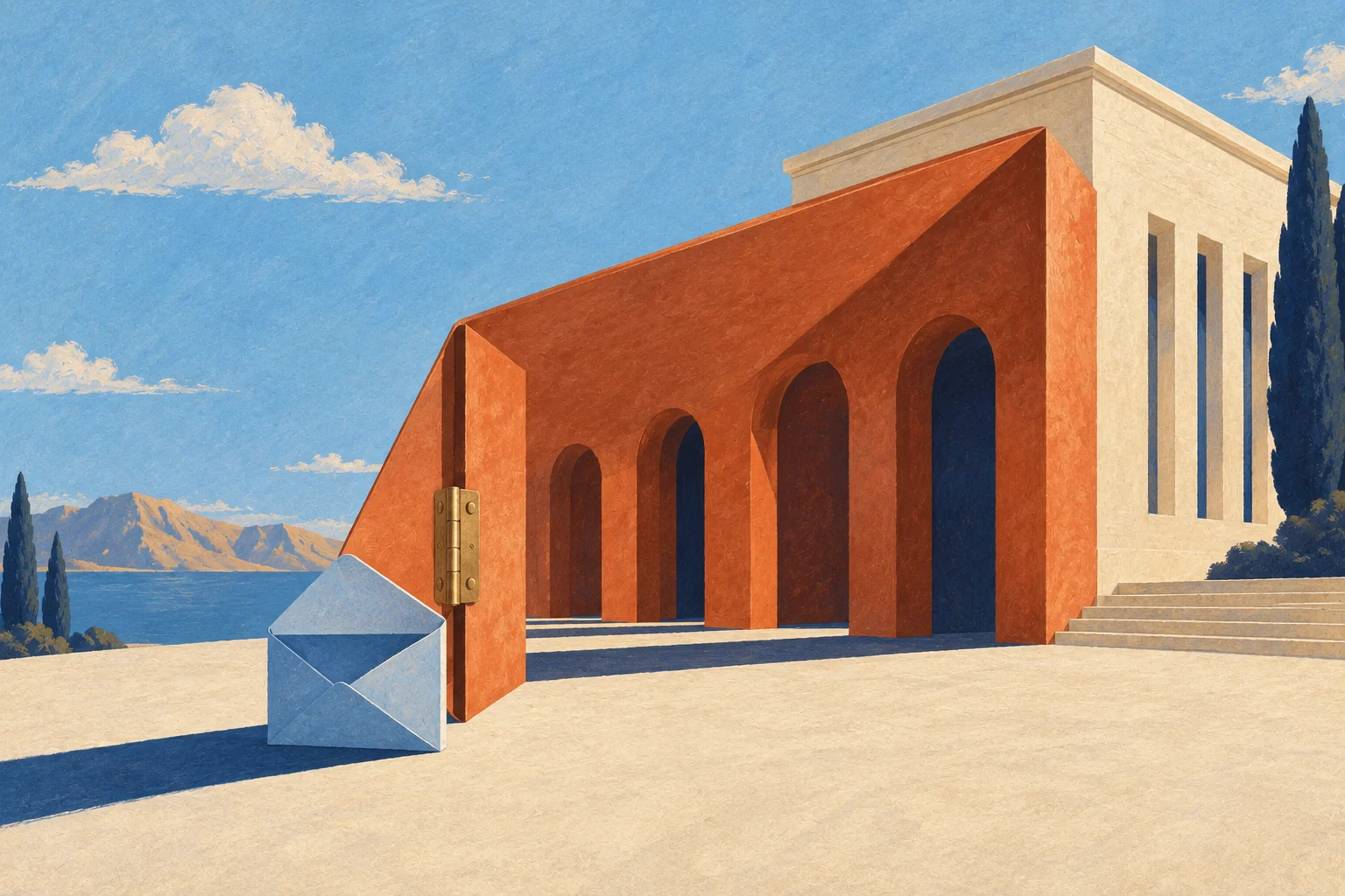 A small blue envelope sits beside an oversized terracotta annex joined to a cream building.