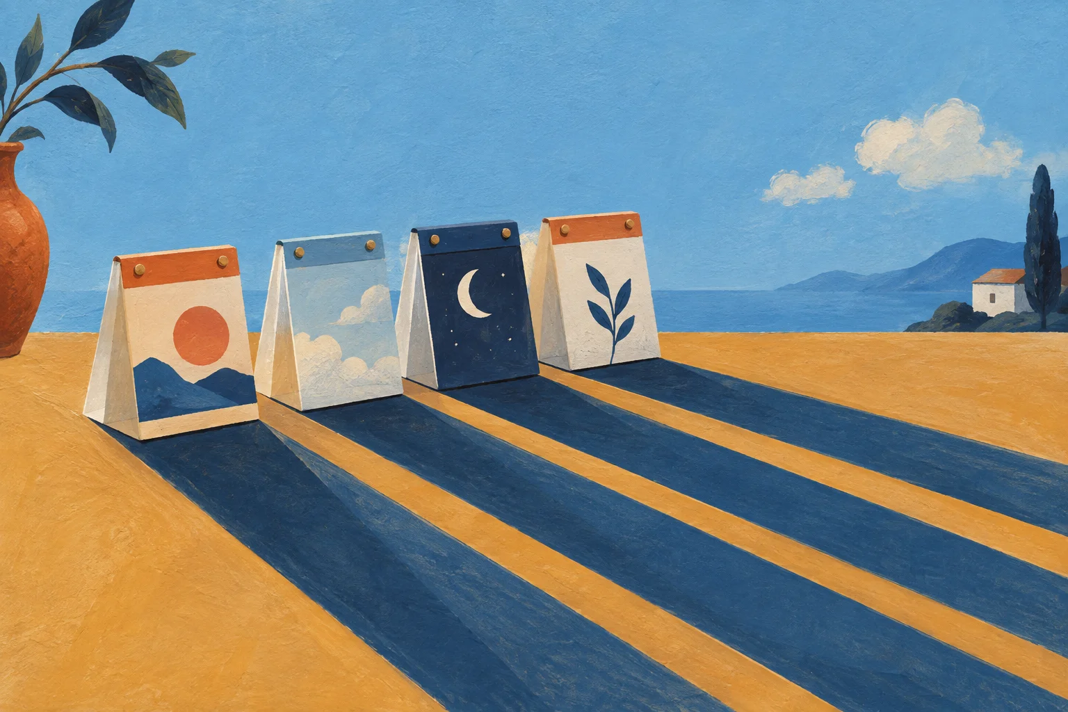 Four handsome cream calendar blocks cast six long blue shadows across an ochre tabletop