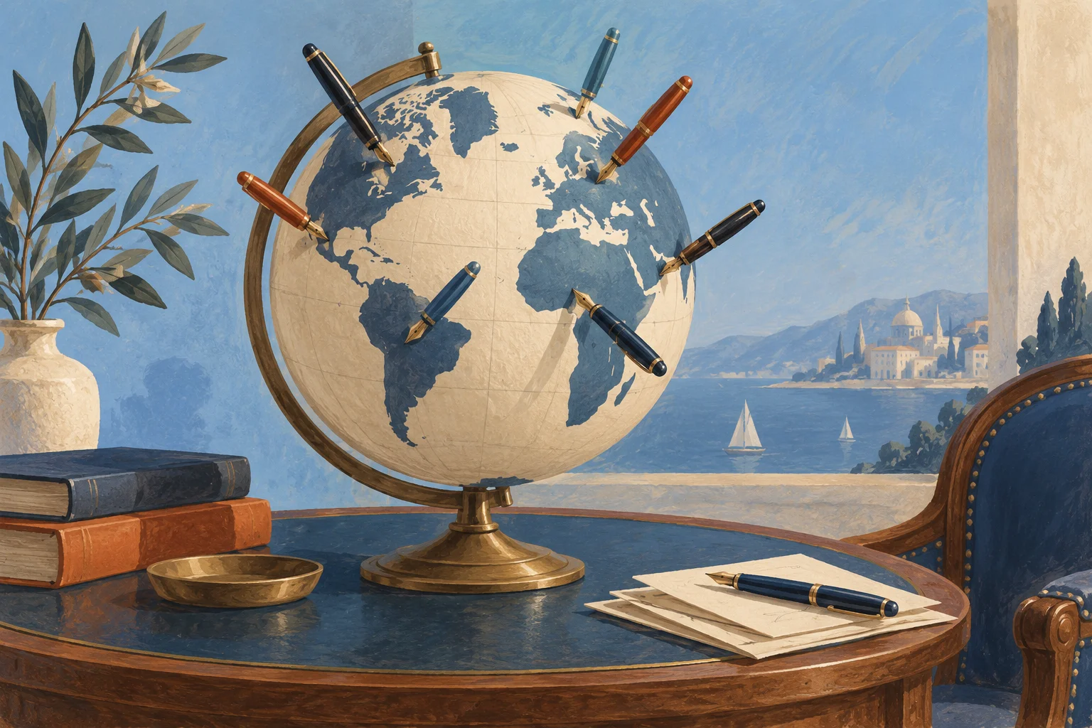 A cream paper globe on a small diplomatic table is pinned with fountain pens instead of flags
