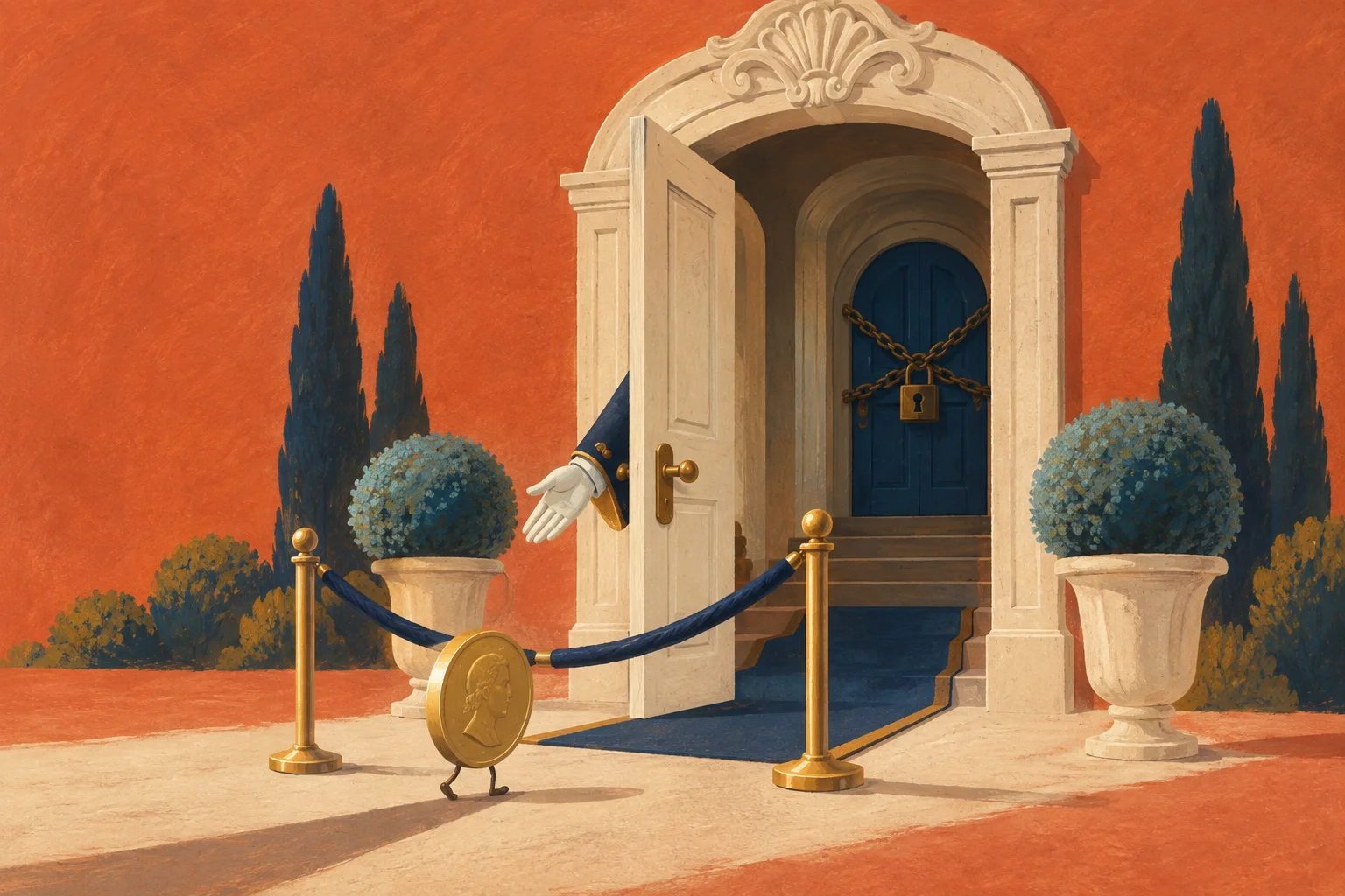 A velvet navy rope welcomes a tiny coin into an ornate cream doorway with a locked exit behind it