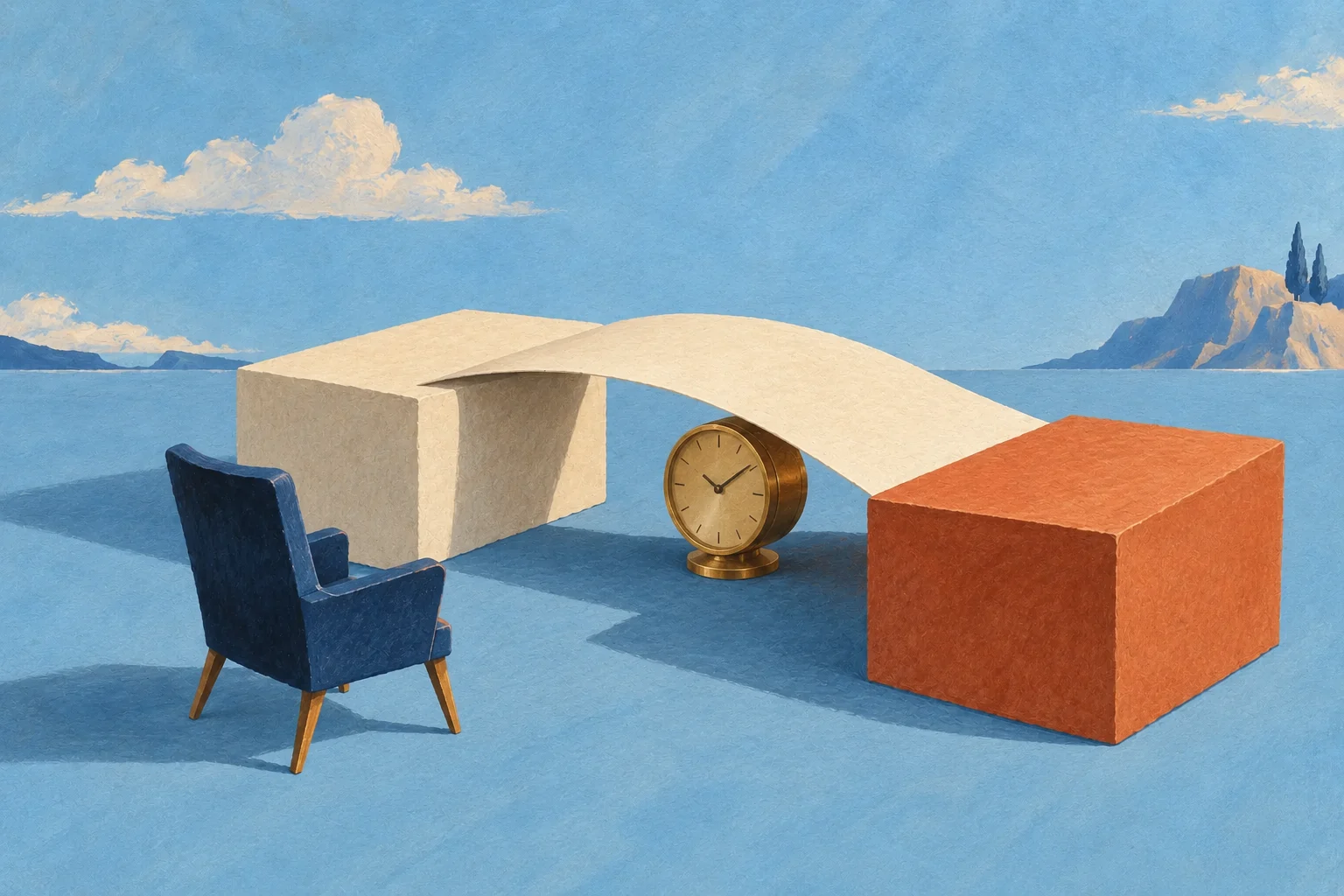 A cream paper bridge joins two stone plinths above a brass clock, beside an empty navy chair.