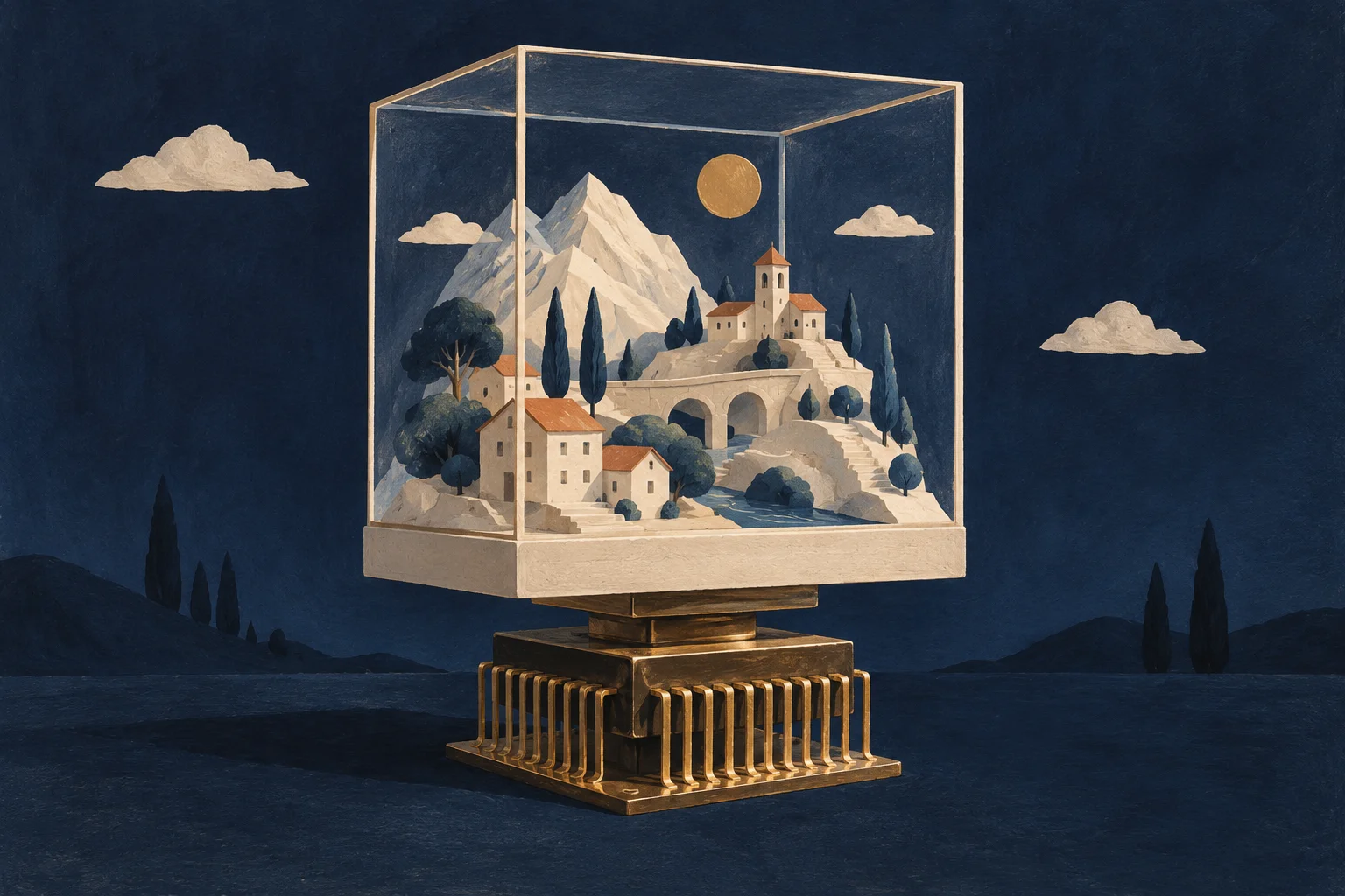 A cream miniature world enclosed in an architectural display cube is lifted by a brass hardware-chip pedestal