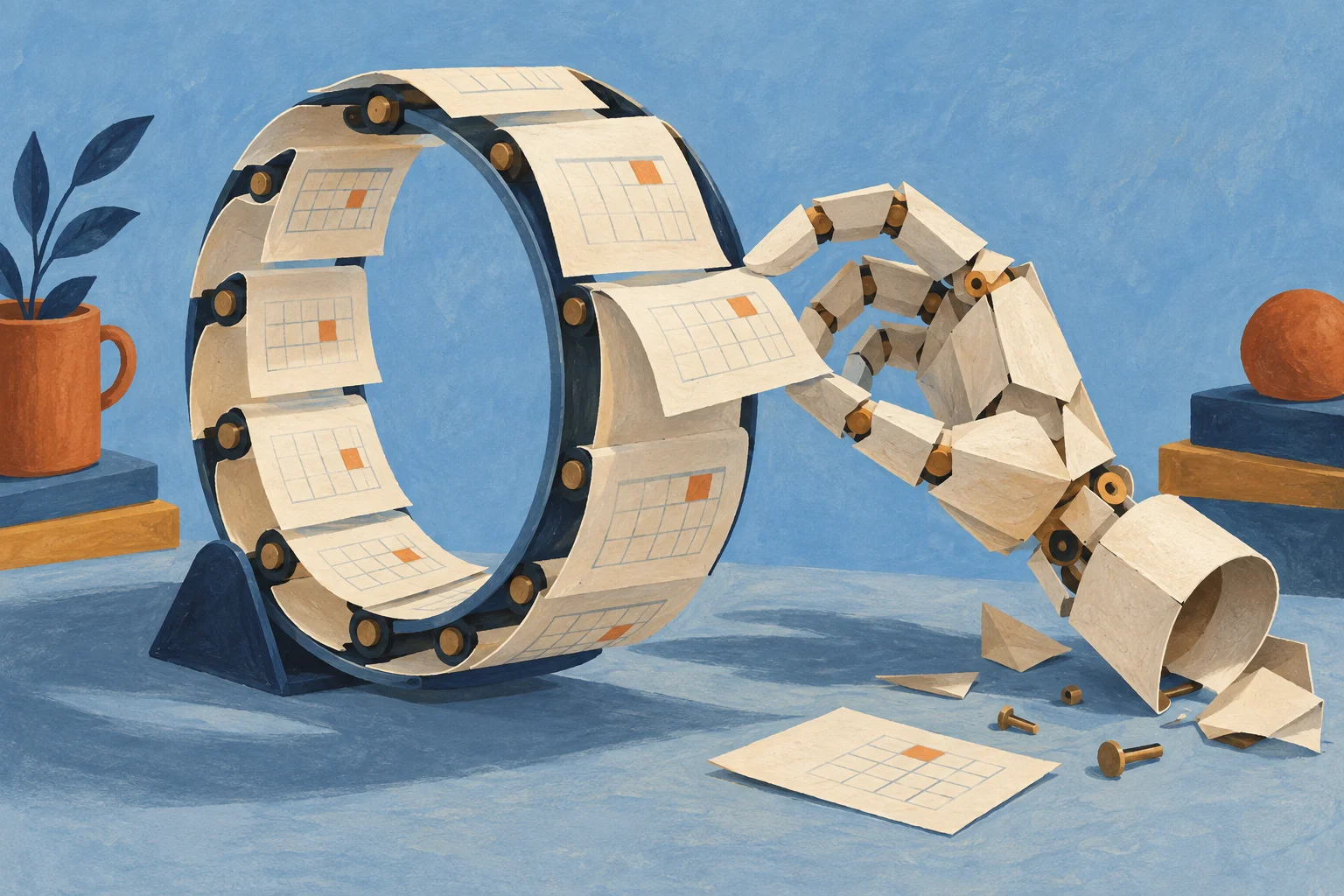 A cream desk calendar has its pages threaded in a circular track beside an unfinished paper robot hand