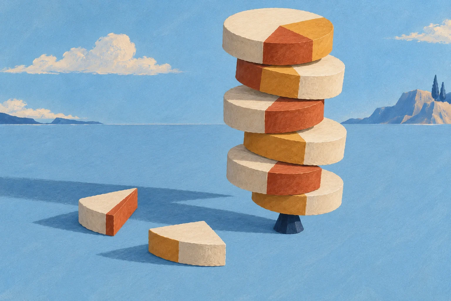 A tall stack of cream paper discs with terracotta and ochre wedges balances on a small navy base.