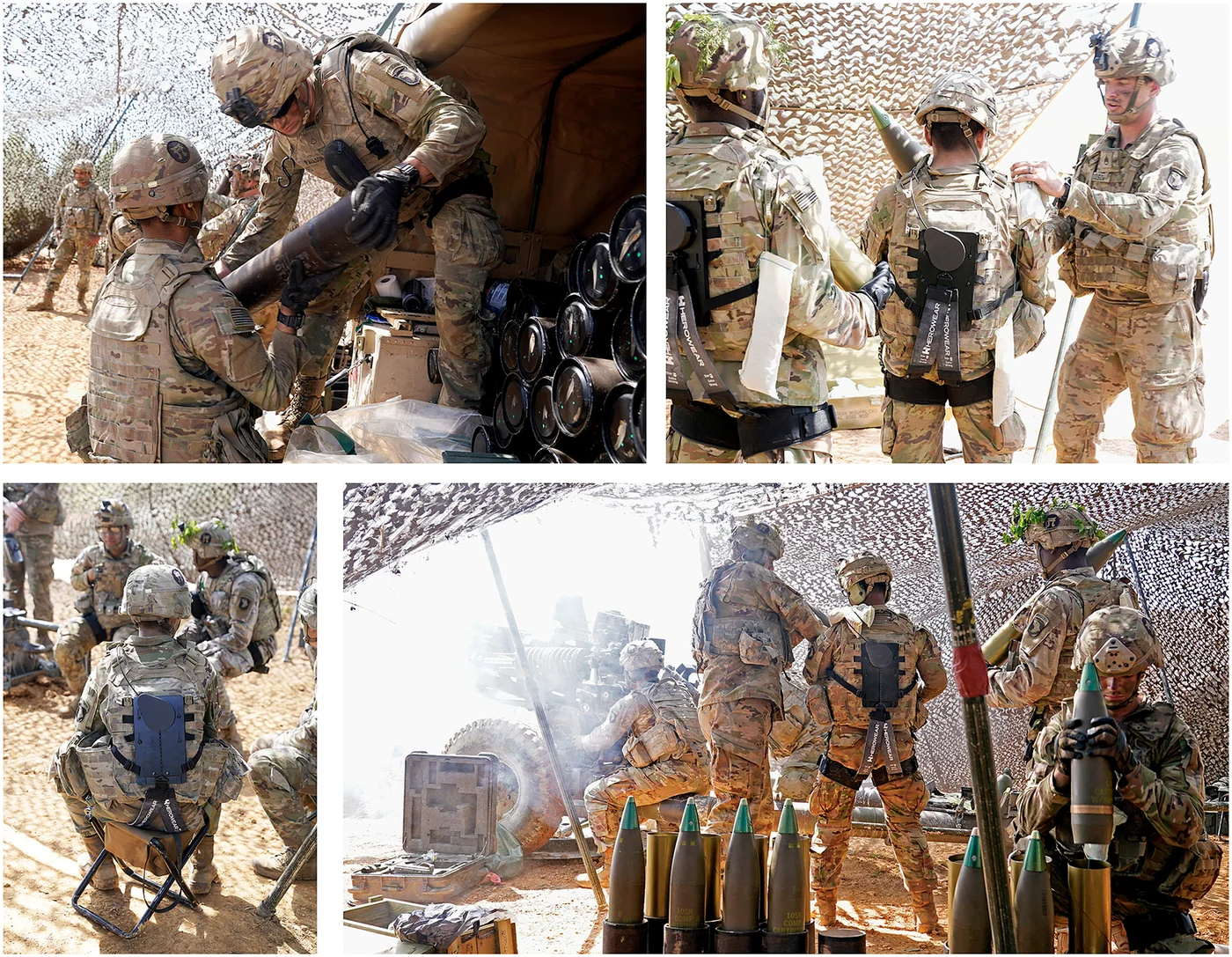 Four documentary photographs showing soldiers wearing exosuits during field training, moving supplies, sitting, and working around equipment.