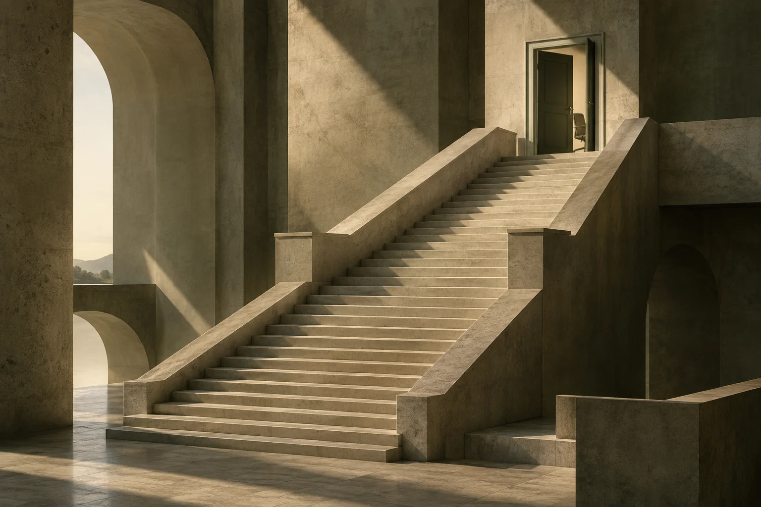 Conceptual artwork: a monumental limestone staircase ends at an ordinary office door.